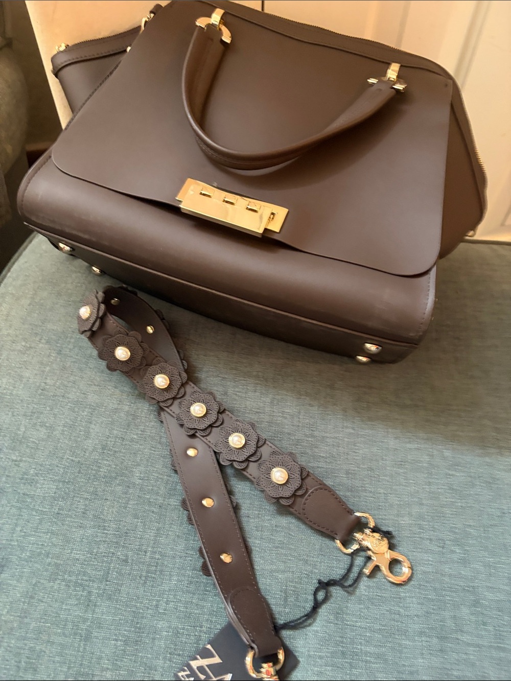 Zac Posen Women's Dark Brown Leather Satchel with Floral Strap